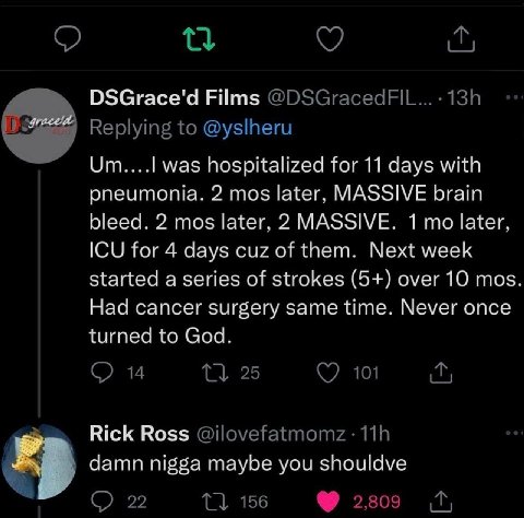 DSGrace'd Films От... 1 was hospitalized for 11 days with pneumonia. 2 mos later. MASSIVE brain bleed. 2 mos later. 2 MASSIVE. 1 то later. ICU for 4 days cuz of them. Next week started a series of str