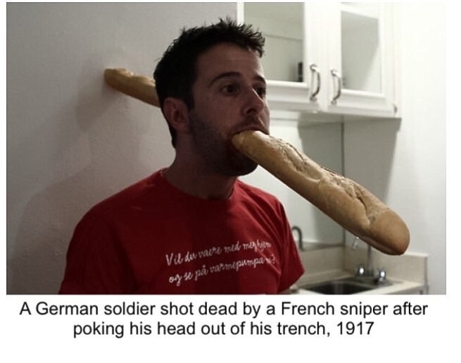 4 A German soldier shot dead a French sniper after poking his head out of his trench, 1917
