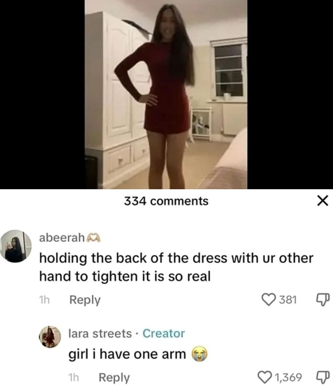 334 comments abeerah holding the back of the dress with other hand to tighten it is so real Reply lara streets Creator girl ihave one arm Reply