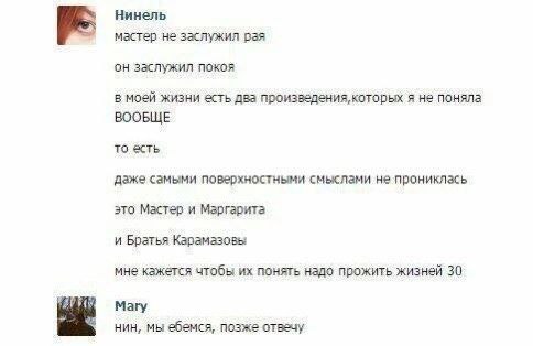 Нинель мастер не заслужил рая заслужил покоя в моей жизни есть два произзедения, которых я не поняла ВООБЩЕ то есть даже самыми поверхностными смыслами не прониклась это Мастер и Маргарита и Братья Ка