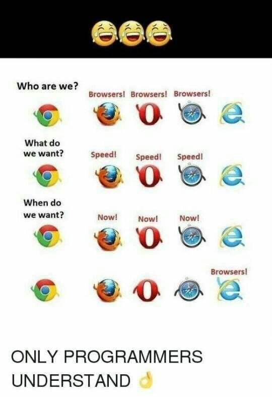 Who are we? rowsers Browsers! Browsers! we want? What Speed! Speed! Speed! When we want? Now! Now! rowsers! о ONLY PROGRAMMERS UNDERSTAND