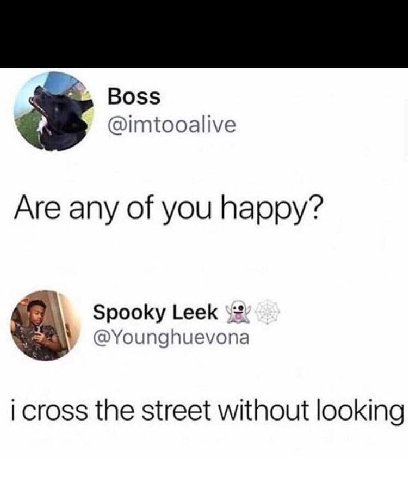 Boss @imtooalive Are any of you happy? Spooky Leek @Younghuevona cross the street without looking