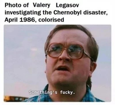 Photo of Valery Legasov investigating the Chernobyl disaster, April 1986, colorised ing fucky