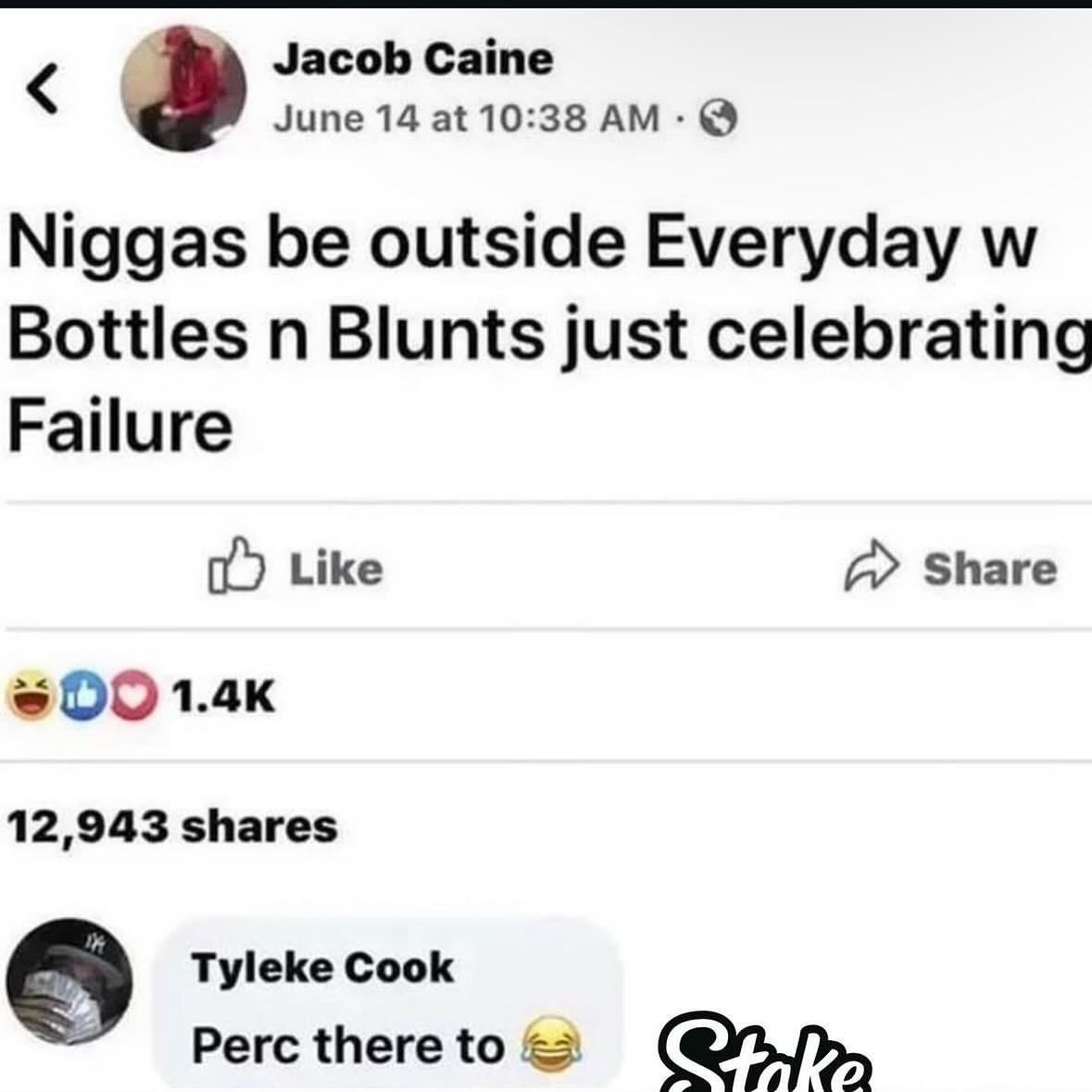 Jacob Caine June 14 at 10:38 Niggas be outside Everyday Bottles Blunts just celebrating Failure Like Share 12,943 shares Tyleke Cook Perc there to