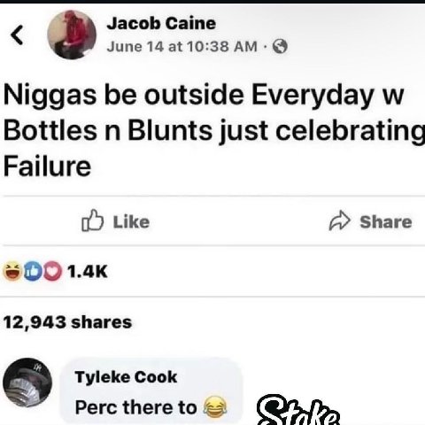 Jacob Caine June 14 at 10:38 Niggas be outside Everyday Bottles Blunts just celebrating Failure Like Share 12,943 shares Tyleke Cook Perc there to