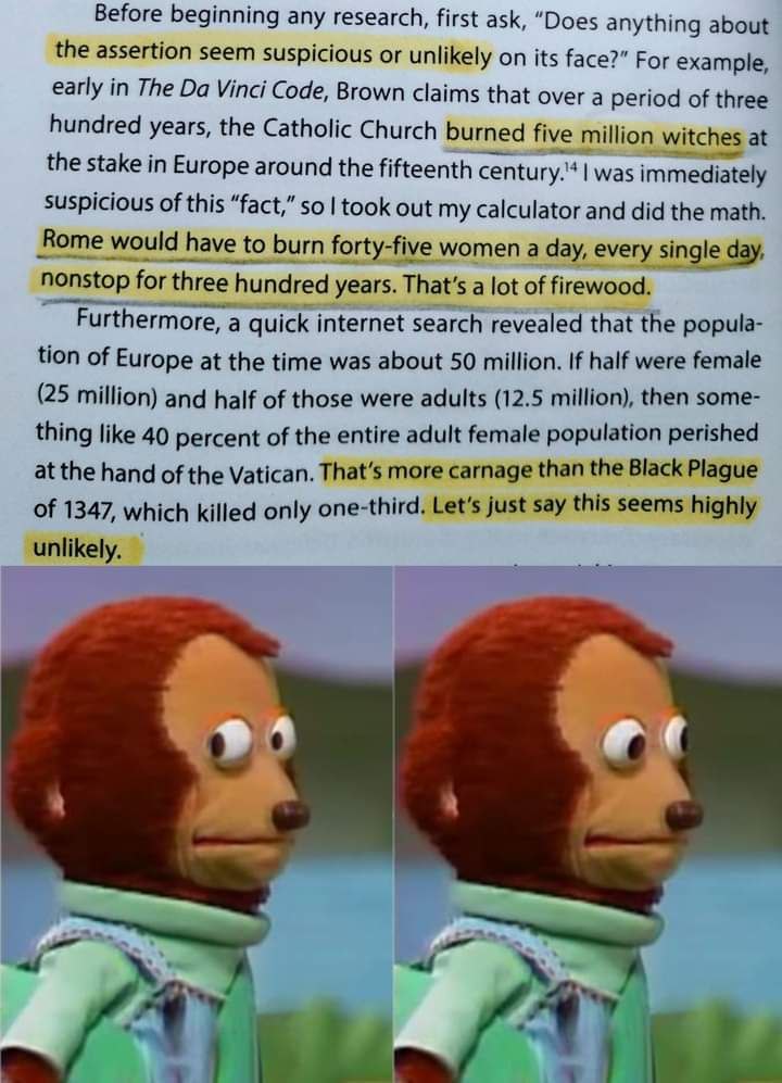 Before beginning any research, first ask, “Does anything about the assertion seem suspicious or unlikely on its face?” For example, early in The Vinci Code, Brown claims that over a period of three hu
