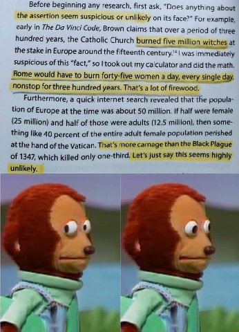 Before beginning any research, first ask, “Does anything about the assertion seem suspicious or unlikely on its face?” For example, early in The Vinci Code, Brown claims that over a period of three hu