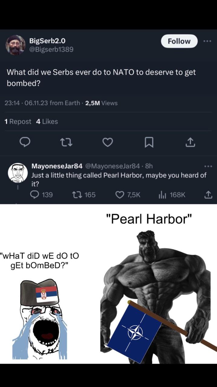 BigSerb2.0 What did we Serbs ever to NATO to deserve to get bombed? 11 MayoneseJar84 Just a little thing called Pearl Harbor, maybe you heard of it? "Pearl Harbor мНат diD wE tO gEt bOmBeD?" a