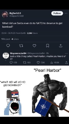 BigSerb2.0 What did we Serbs ever to NATO to deserve to get bombed? 11 MayoneseJar84 Just a little thing called Pearl Harbor, maybe you heard of it? "Pearl Harbor мНат diD wE tO gEt bOmBeD?" a