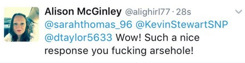 Alison McGinley @sarahthomas 96 @KevinStewartSNP @dtaylor5633 Wow! Such a nice response you fucking arsehole!