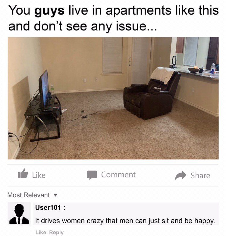You guys live in apartments like this and don't see any issue... 1@ Like Comment Share Most Relevant User101 drives women crazy that men can just sit and be happy. Like Reply