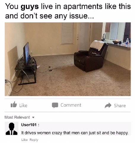You guys live in apartments like this and don't see any issue... 1@ Like Comment Share Most Relevant User101 drives women crazy that men can just sit and be happy. Like Reply