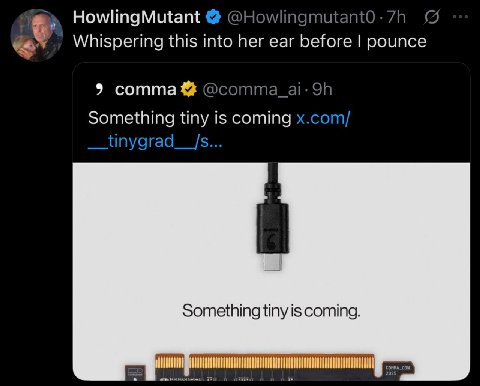 HowlingMutant Whispering this into her ear before pounce 9 comma Something tiny is coming x.com/ __tinygrad__/s... Something tiny is coming.