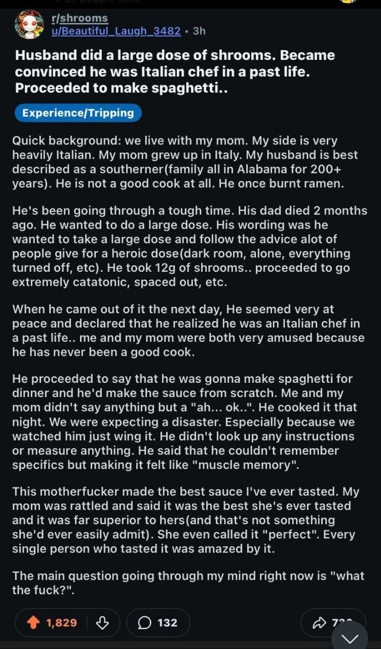 Husband did a large dose of shrooms. Became convinced he was Italian chef а past life. Proceeded to make spaghettl.. Experience/Tripping live with my mom. is very heavily My morm up in italy. My husba