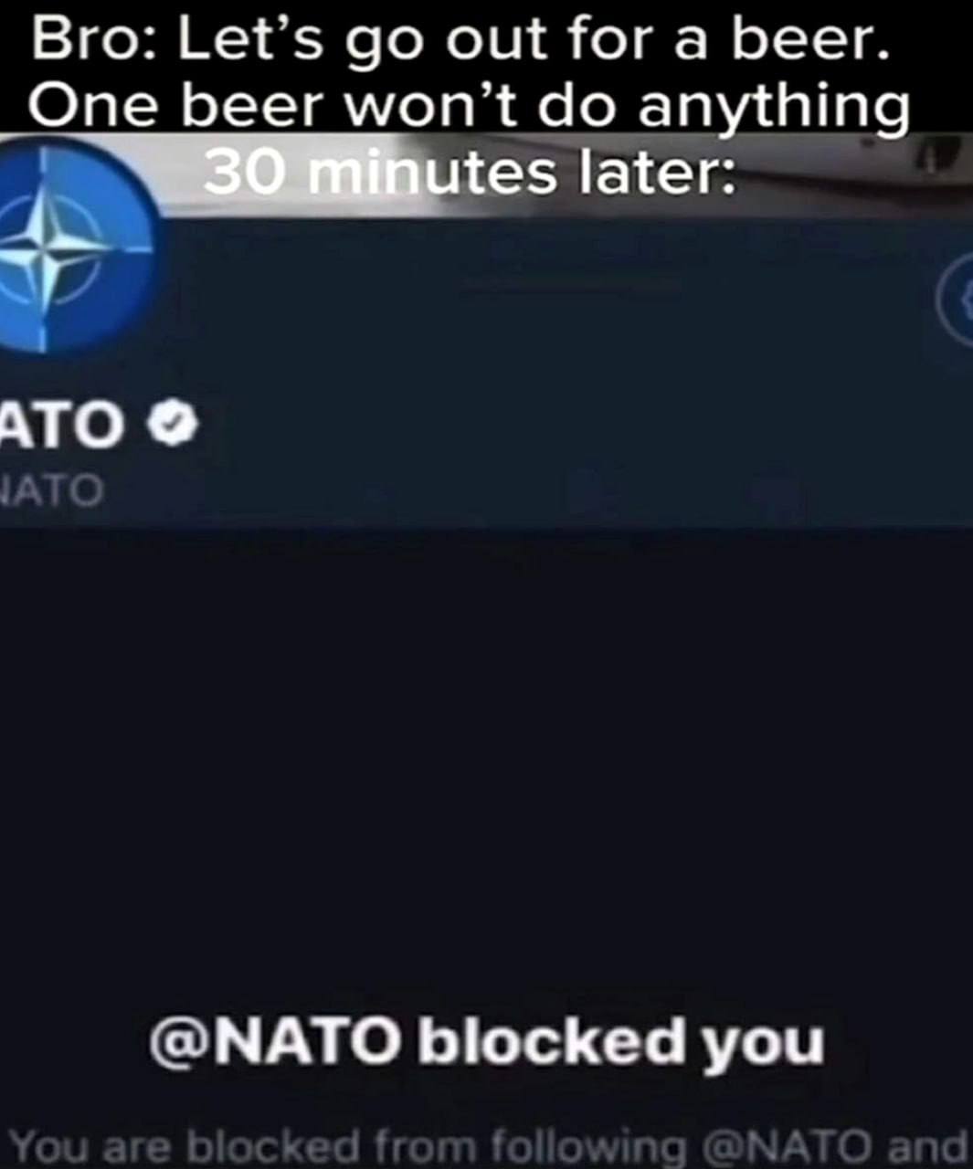 Bro: Let’s out for a beer. _One beer won't anything tes later: 4 АТО @NATO blocked you
