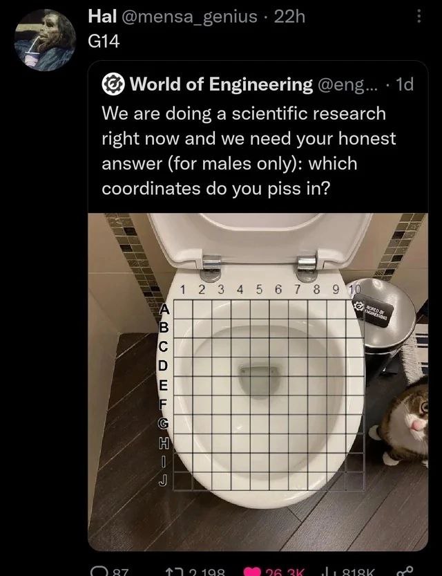 World of Engineering We are doing a scientific research right now and we need your honest answer (for males only): which coordinates you piss in? 1234567 8