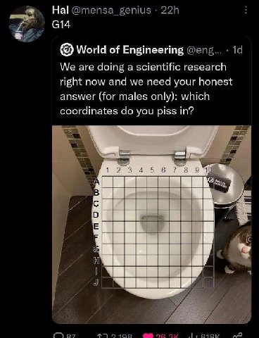 World of Engineering We are doing a scientific research right now and we need your honest answer (for males only): which coordinates you piss in? 1234567 8