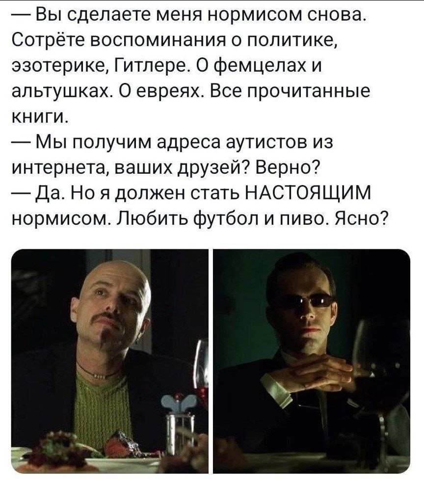 Вы сделаете меня нормисом снова. воспоминания о политике, эзотерике, Гитлере. О фемцелах и альтушках. О евреях. Все прочитанные КНИГИ. Мы получим адреса аутистов из интернета, ваших друзей? Верно? Да.