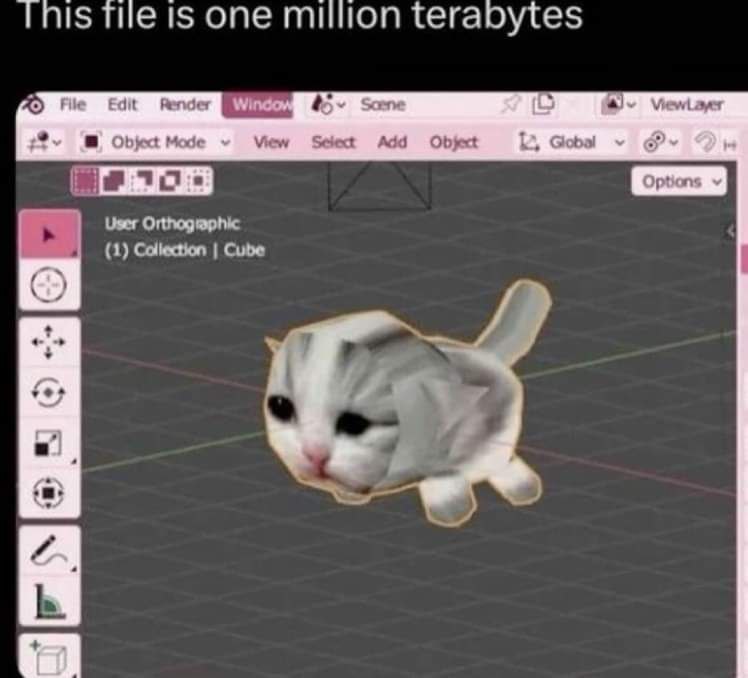 1701$ tile is one million terabytes File Edit fender San Object Mode View Select Add Object Global User Orthographic (1) Collection Cube