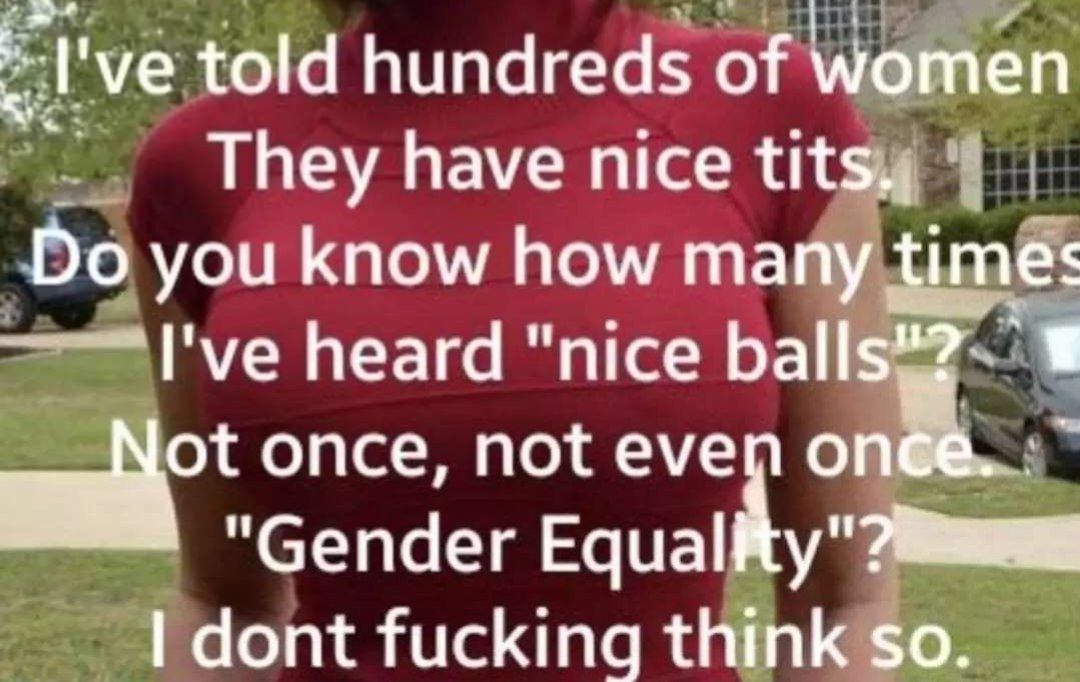 к, told hundreds of women They have nice tits,; you know how many times I've heard "nice once, not eve "Gender Еаца№у" 7 dont fucking think so.