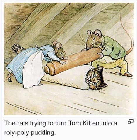 A The rats trying to turn Tom Kitten into a roly-poly pudding.