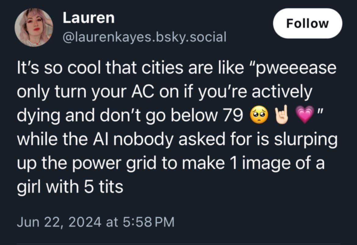 Lauren It's so cool that cities are like "рмеееазе only turn your on if you're actively dying and don't below 79 while the nobody asked for 1$ slurping up the power grid to make 1 image of a girl with