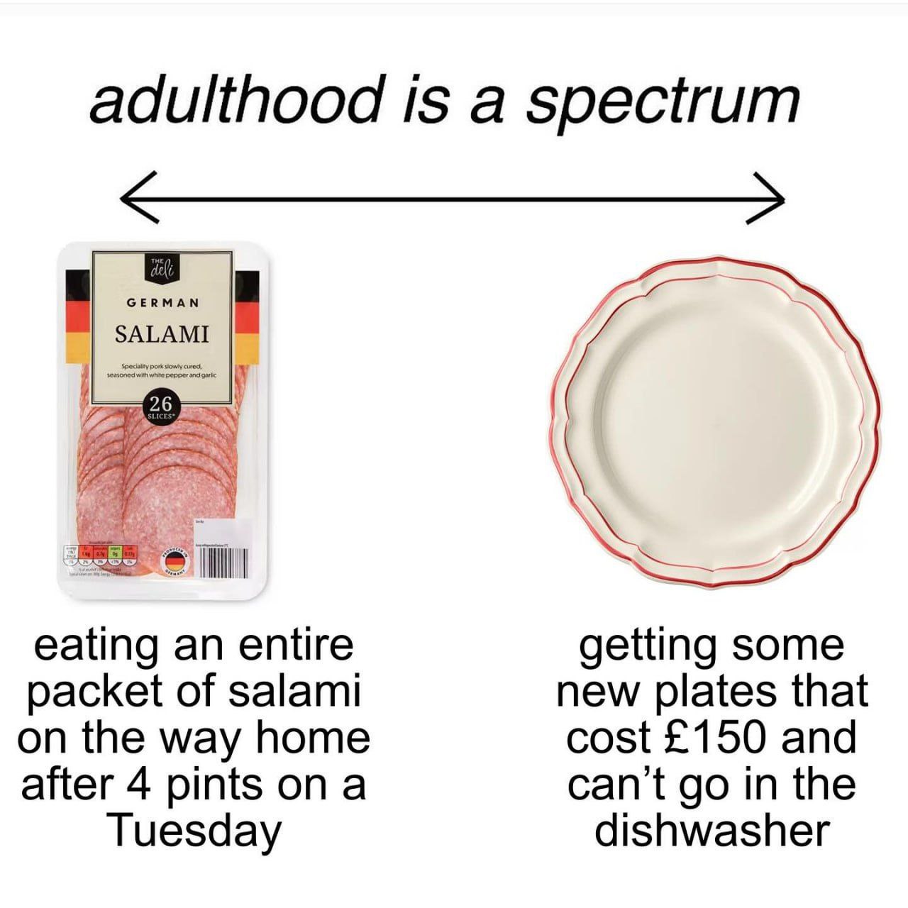 adulthood is a spectrum GERMAN SALAMI eating an entire getting some packet of salami new plates that on the way home cost £150 and after 4 pints ona can’t in the Tuesday dishwasher