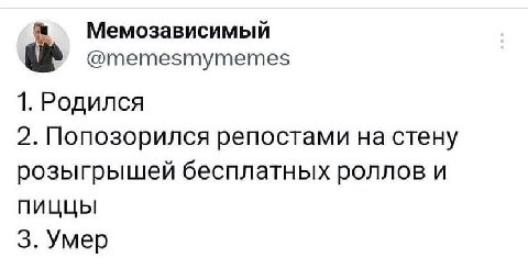 Мемозависимый @memesmymemes 1. Родился 2. Попозорился репостами на стену розыгрышей бесплатных роллов и ПИЦЦЫ 3. Умер