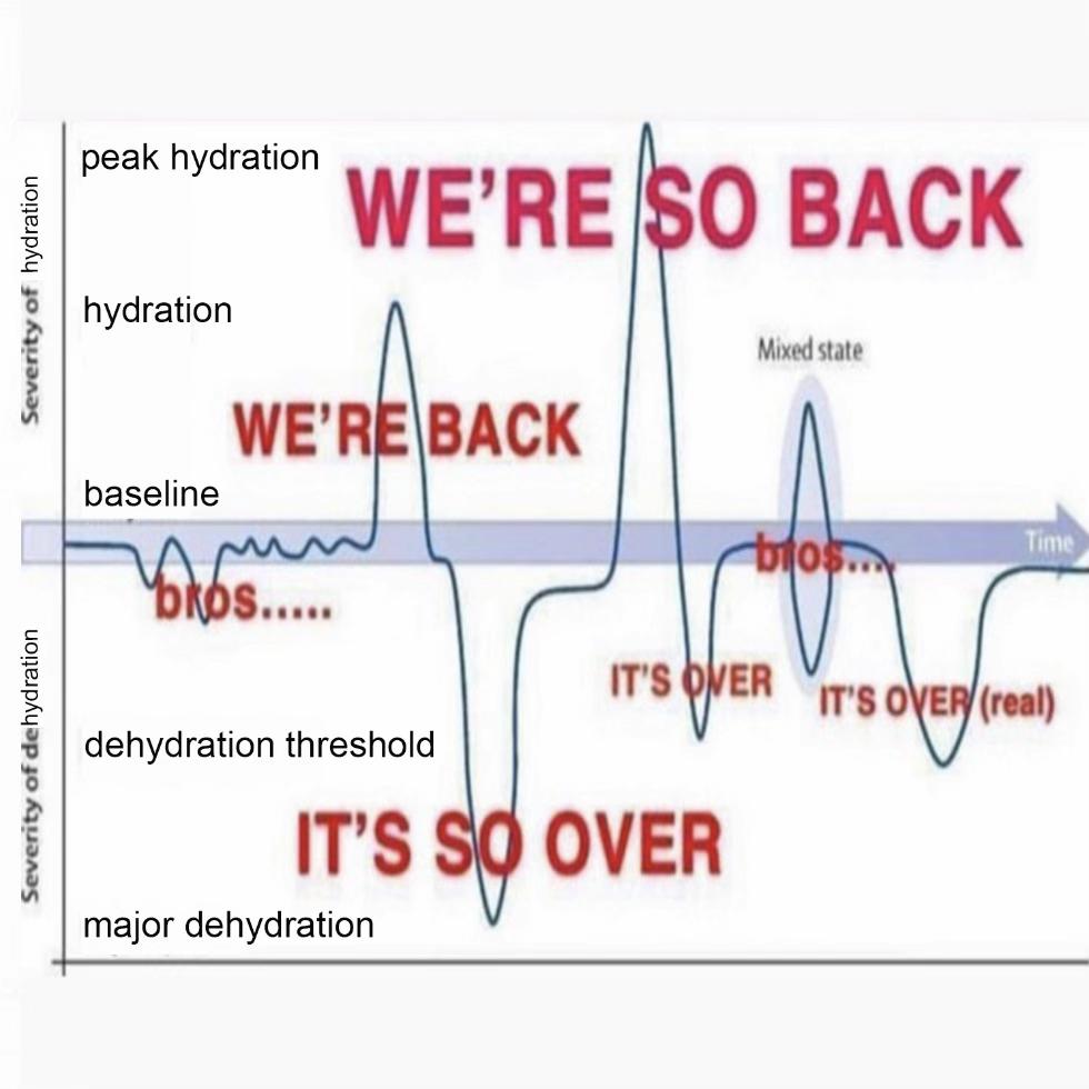 peak hydration WE’RE О BACK hydration Mixed state WE’RE\BACK baseline IT'S dehydration threshold (real) IT’S 9 OVER major dehydration