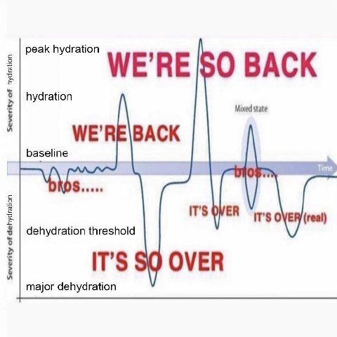 peak hydration WE’RE О BACK hydration Mixed state WE’RE\BACK baseline IT'S dehydration threshold (real) IT’S 9 OVER major dehydration