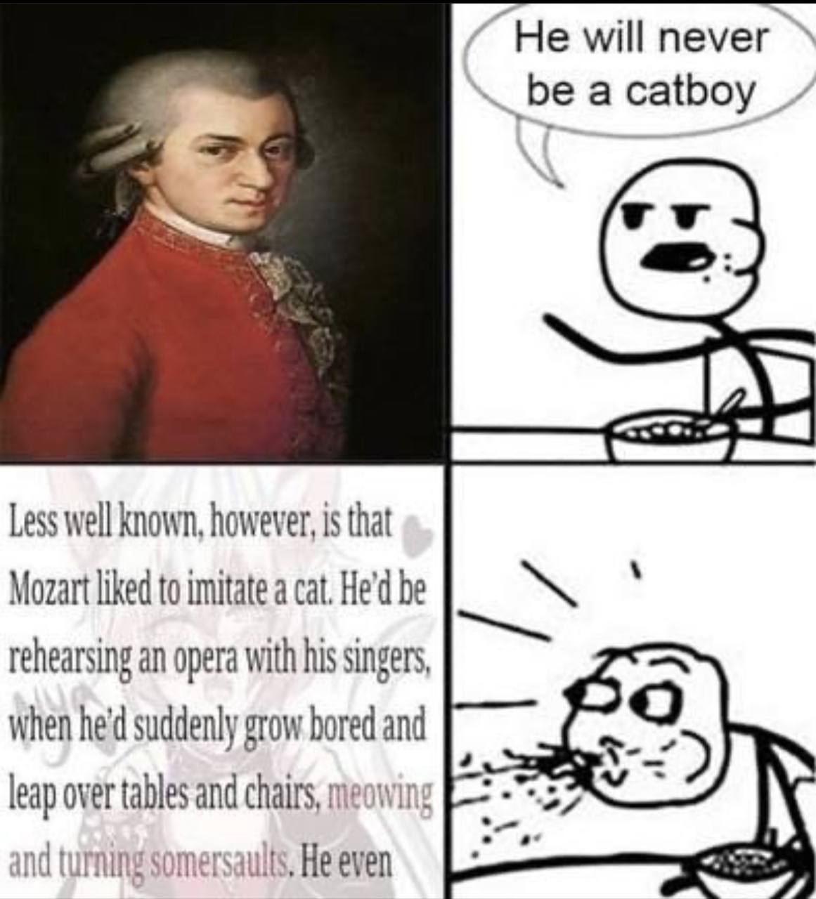 He will never be а catboy or) Less well known, however, is that Mozart liked to imitate a cat. He’d be rehearsing an opera with his singers, when he'd suddenly grow bored and leap over tables and chai