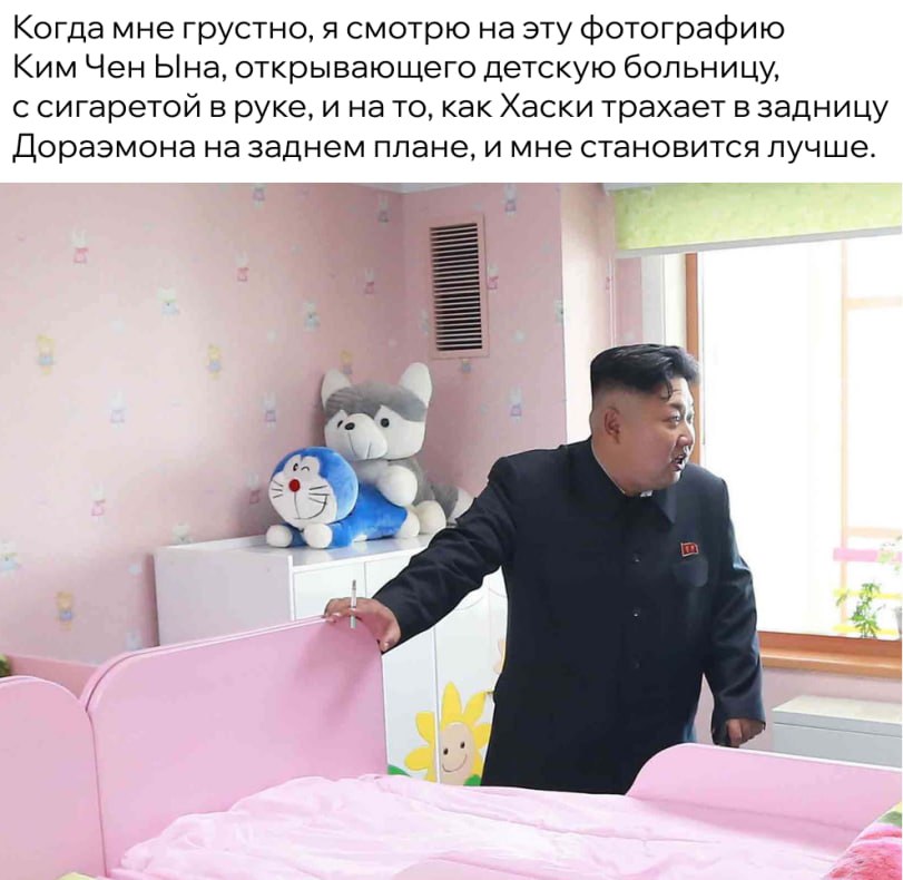 Когда мне грустно, я смотрю на эту фотографию Ким Чен Ына, открывающего детскую больницу, С сигаретой в руке, и нато, как Хаски трахает в задницу Дораэмона на заднем плане, и мне становится лучше.