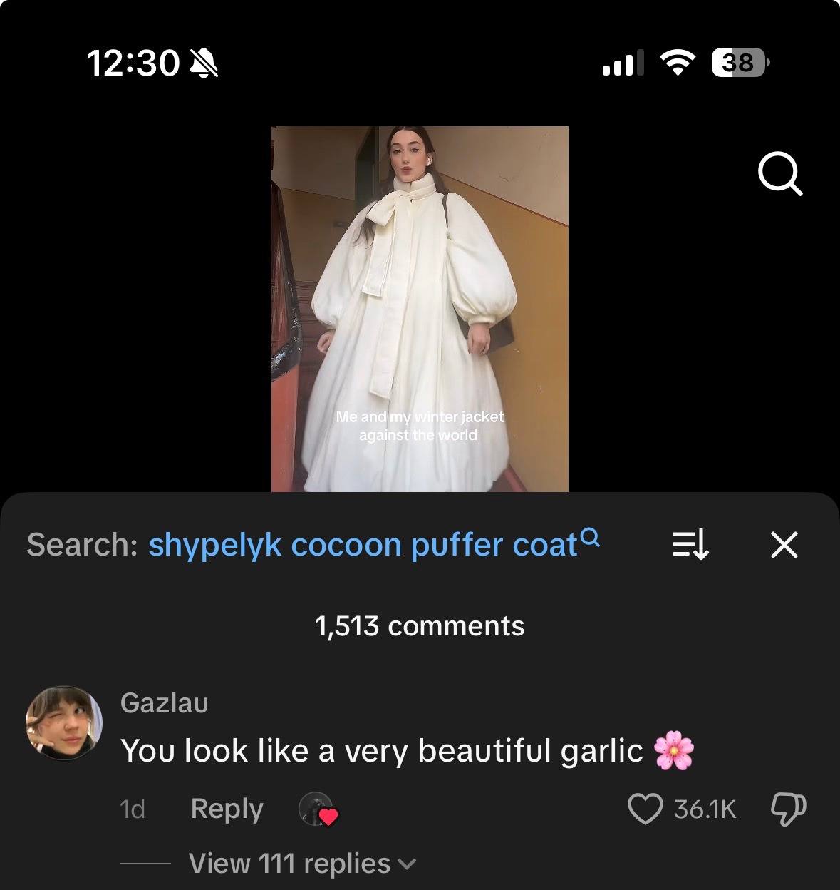 12:30 if я a Search: shypelyk cocoon puffer 1,513 comments Gazlau You look like a very beautiful garlic а Reply з6лк View 111 replies