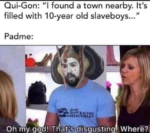 Qui-Gon: found a town nearby. It’s filled with 10-year old slaveboys...” Padme: my goad! Thatis disgusting Where?