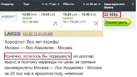 ⚡️«Хотелось бы подешевле». Россияне недовольны ростом цен на билеты в США

Из-за падения рубля прямой рейс «Аэрофлота» Москва — Лос-Анджелес туда-обратно подорожал в 2013 году с 20 до 23 тысяч рублей,