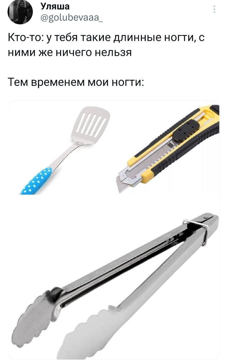 Уляша @golubevaaa_ KTO-TO: тебя такие длинные ногти, С ними же ничего нельзя Тем временем мои ногти: A a