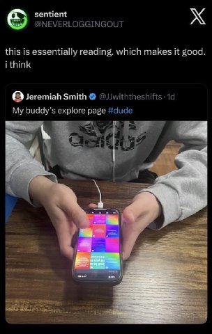 sentient @NEVERLOGGINGOUT this is essentially reading. which makes it good. i think A Jeremiah Smith @JJwiththeshifts My buddy’s explore page #dude