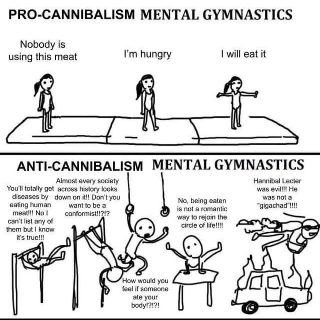 PRO-CANNIBALISM MENTAL GYMNASTICS Nobody is using this meat hungry will eat it ANTI-CANNIBALISM MENTAL GYMNASTICS Almost every society Hannibal Lecter You'll totally get across history looks was evil!
