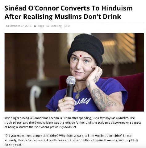 Sinéad О’Соппог Converts To Hinduism After Realising Muslims Don’t Drink a Irish singer Sinéad О’Соппог has become а Hindu after spending just a few days as a Muslim. The troubled star said she though
