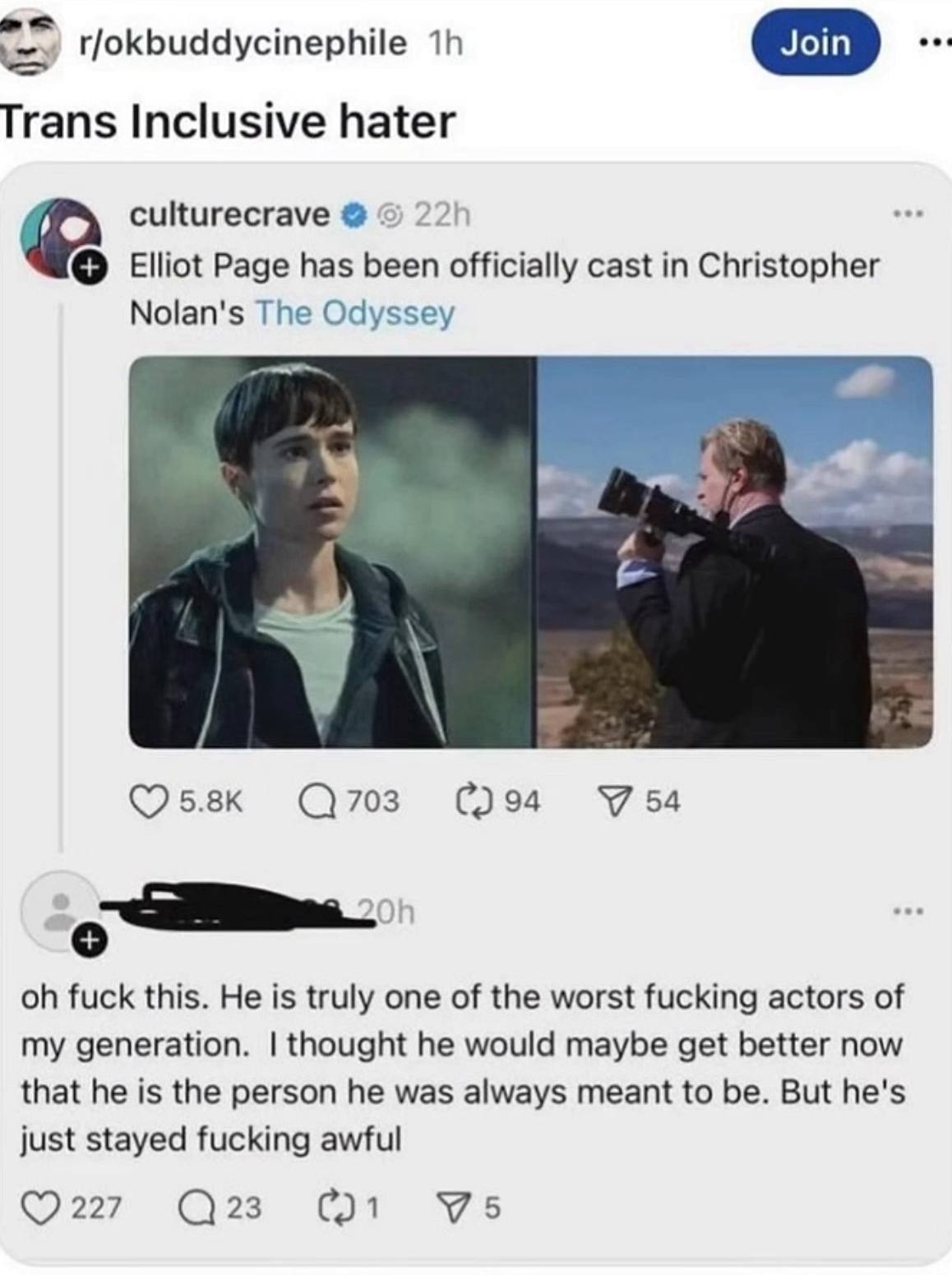 Trans Inclusive hater culturecrave Elliot Раде has been officially cast in Christopher Nolan's The Odyssey 703 94 54 fuck this. He is truly one of the worst fucking actors of my generation. thought he