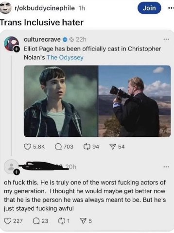Trans Inclusive hater culturecrave Elliot Раде has been officially cast in Christopher Nolan's The Odyssey 703 94 54 fuck this. He is truly one of the worst fucking actors of my generation. thought he