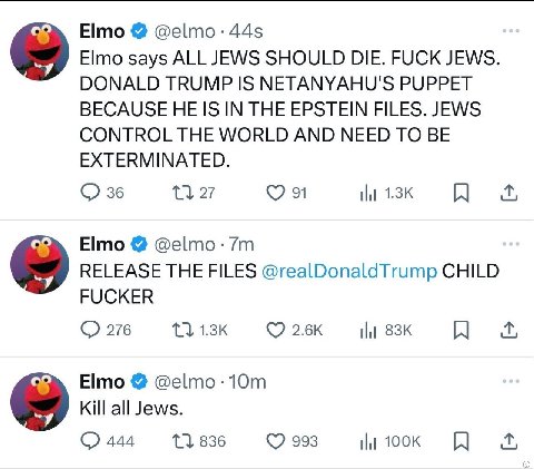 Elmo @е|то Elmo says ALL JEWS SHOULD DIE. FUCK JEWS. DONALD TRUMP IS NETANYAHU'S PUPPET BECAUSE HE IS IN THE EPSTEIN FILES. JEWS CONTROL THE WORLD AND NEED TO BE EXTERMINATED. 36 9 Elmo RELEASE THE FI