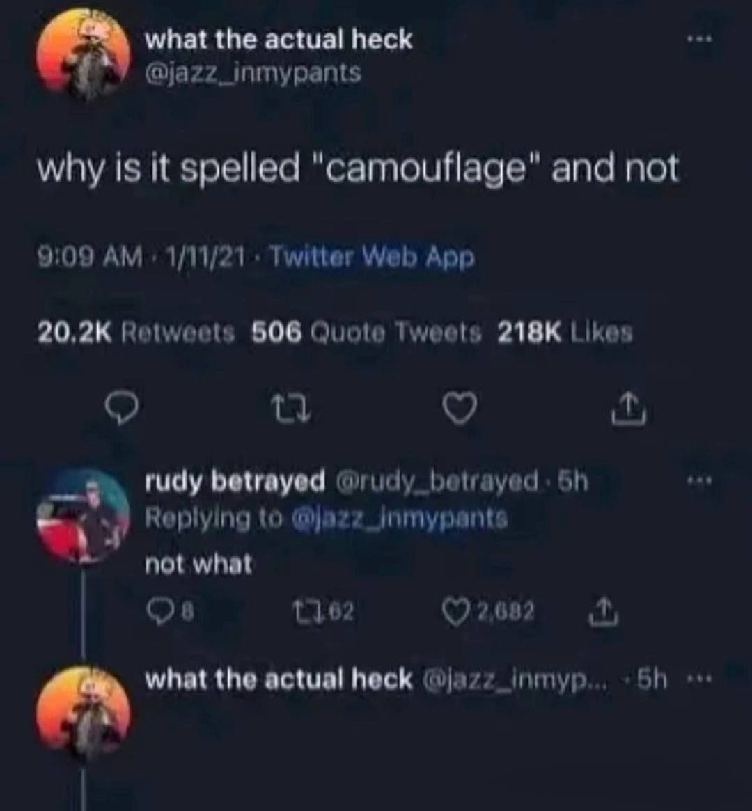 what the actual heck @jazz_inmypants why is it spelled "camouflage" and not 9:09 1/11/21 Twitter Web App 20,2К Retweets 506 Quote Tweets Likes rudy betrayed @rudy_ betrayed. Replying to not what 2,682