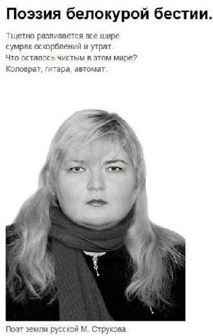 Поэзия белокурой бестии. Тщетно разливается все шире сумрак оскорблений и утрат Что осталось чистым в этом мире? Коловрат, гитара, автомат Поэт земли русской Струкова