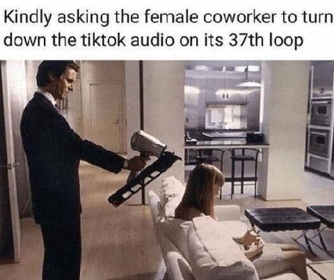 Kindly asking the female coworker to turn down the tiktok audio on its loop В