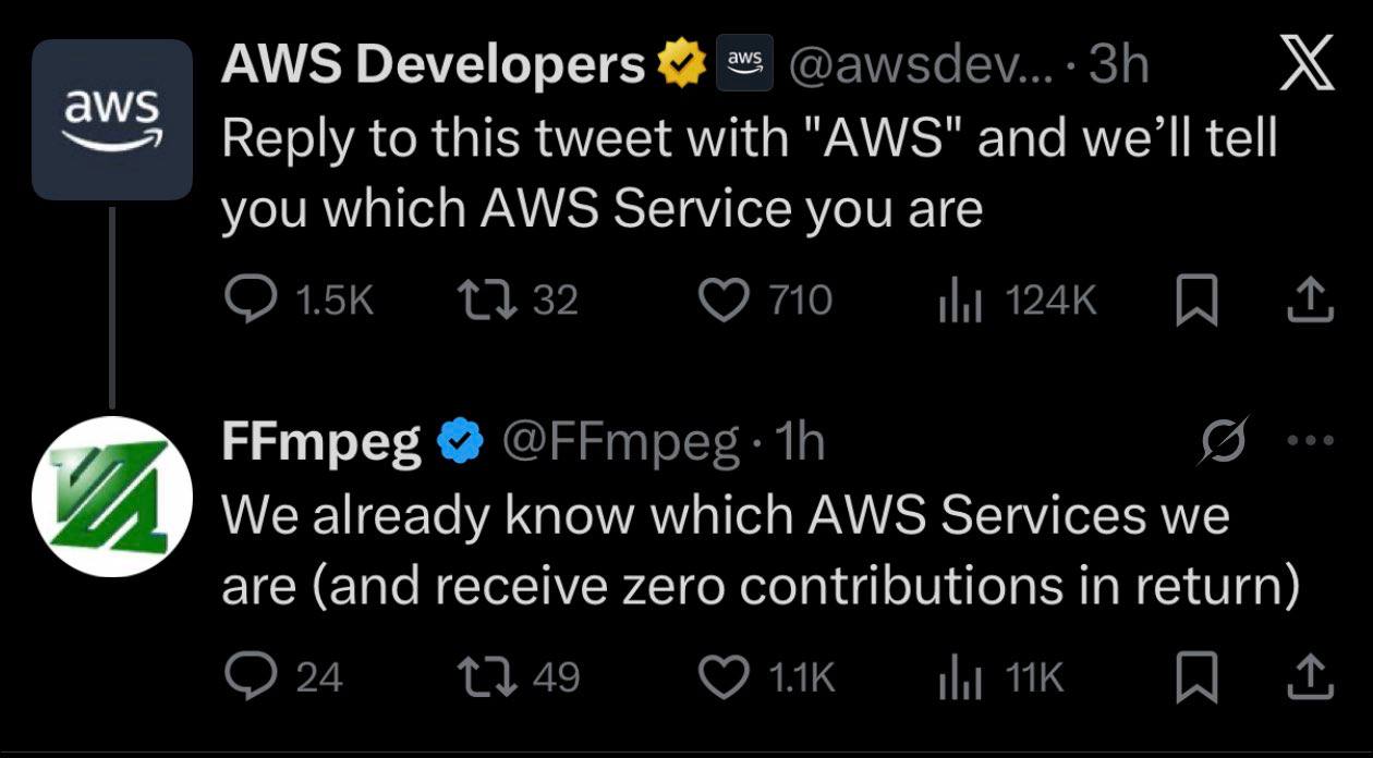 AWS Developers Reply to this tweet with "AWS" and we'll tell you which AWS Service you are 32 710 НИ A (5 FFmpeg We already know which AWS Services we are (and receive zero contributions in return) 24