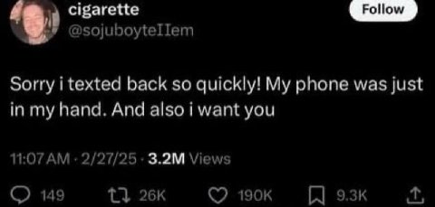 cigarette @sojuboytellem Sorry i texted back so quickly! My phone was just in my hand. And also i want you 11:07 2/27/25 Views 149 1}