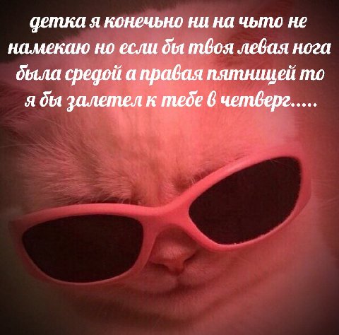 детка я конечьно ни на чьто не намекаю но если твоя левая нога была средой а правая пятниией то я бы залетел к тебе 6 uemGepz.....