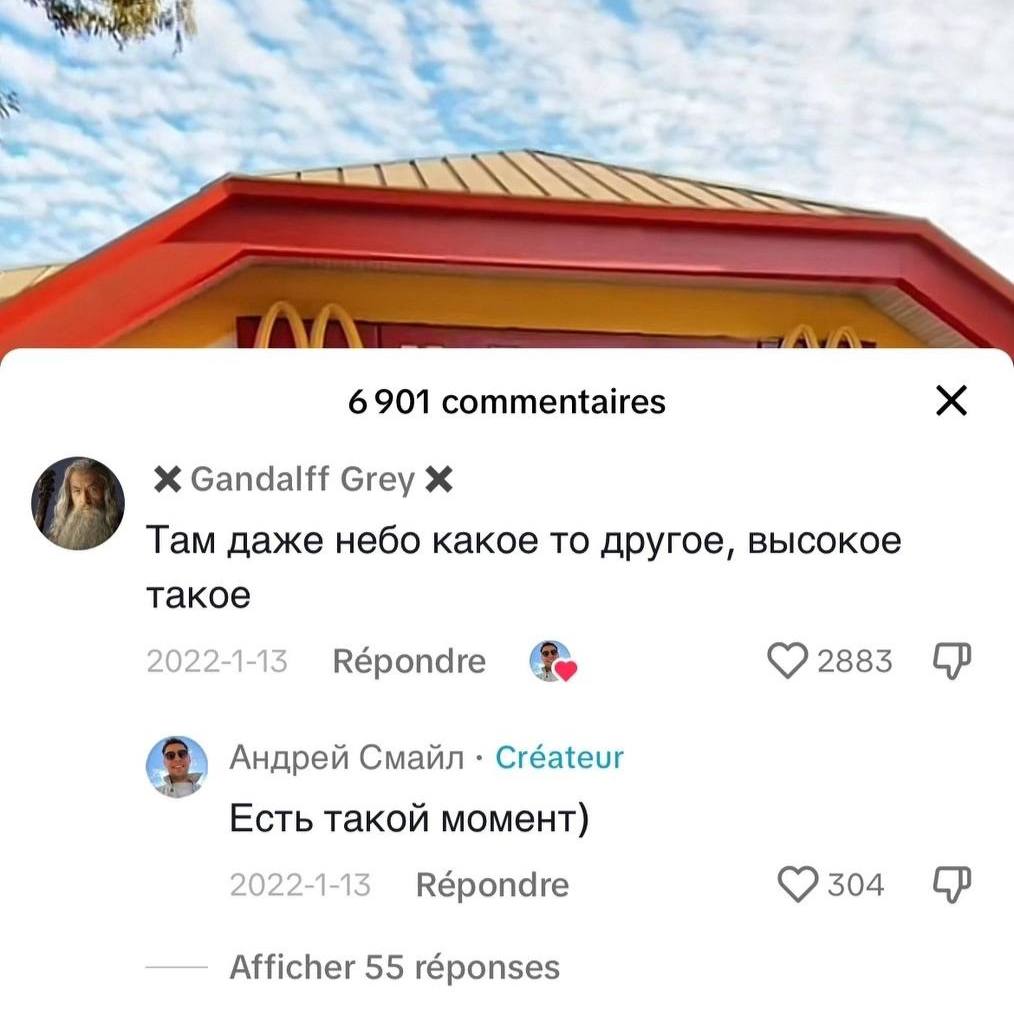 6901 commentaires Gandalff Grey Ж Там даже небо какое то другое, высокое такое 202 Répondre 2883 Андрей Смайл Créateur Есть такой момент) Répondre 304 Afficher 55 réponses