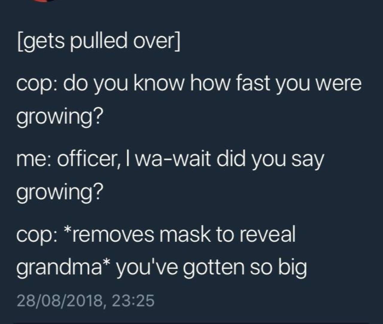 [gets pulled over] cop: you know how fast you were growing? me: officer, wa-wait did you say growing? cop: *removes mask to reveal grandma* you've gotten so big 28/08/2018, 23:25